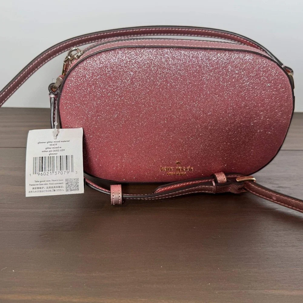 Kate Spade Crossbody Bag Glimmer Pink Glitter Oval Camera‎ Bag Small NWT